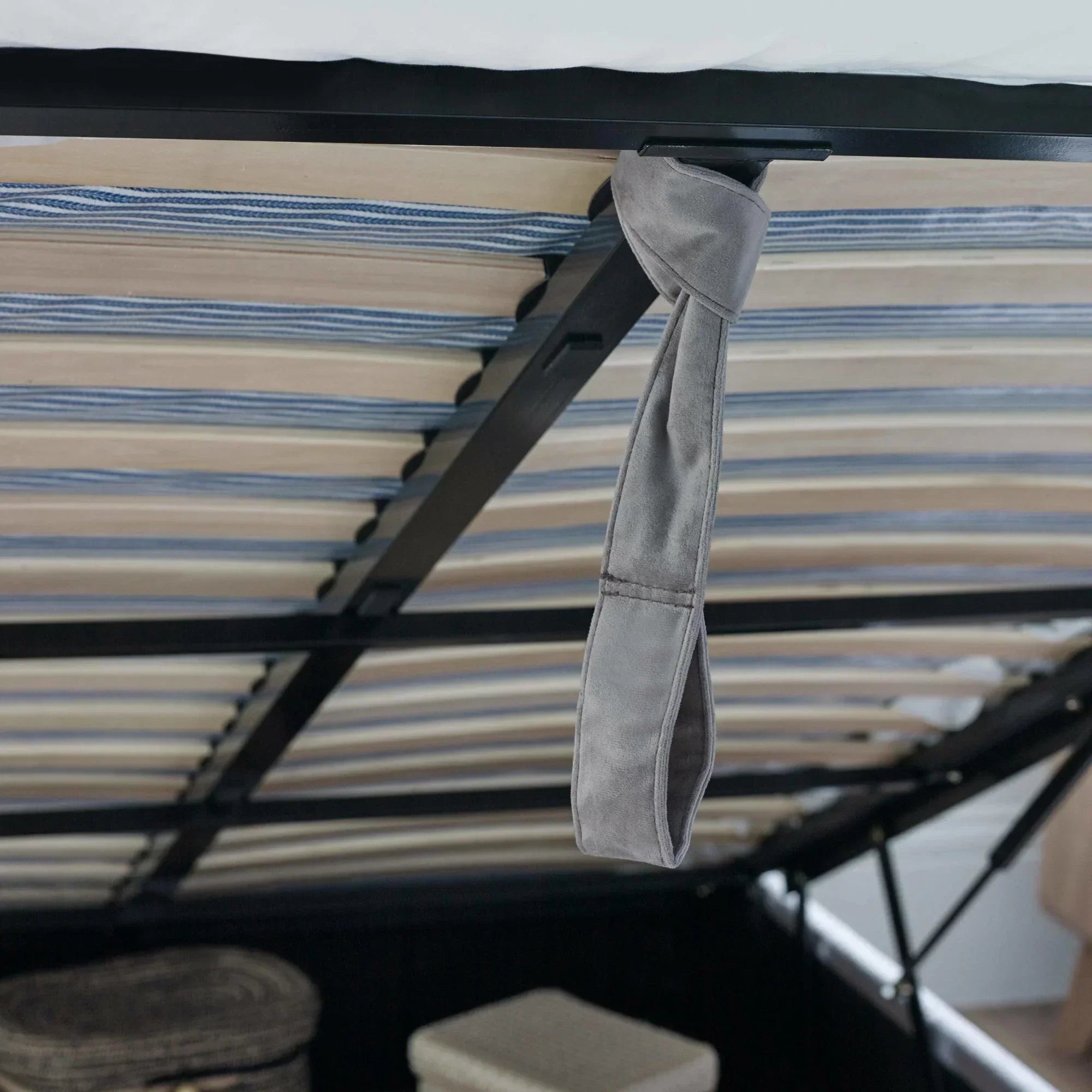 Lift up ottoman bed frame with slatted base and grey fabric pull handle