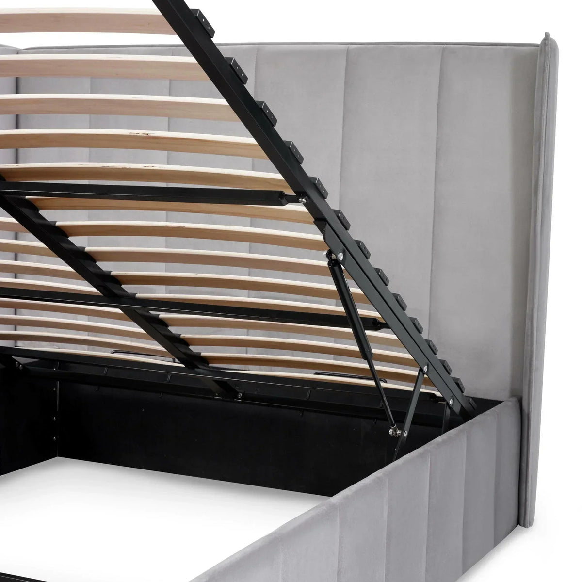 Grey ottoman storage bed frame with lifted slatted base and upholstered headboard