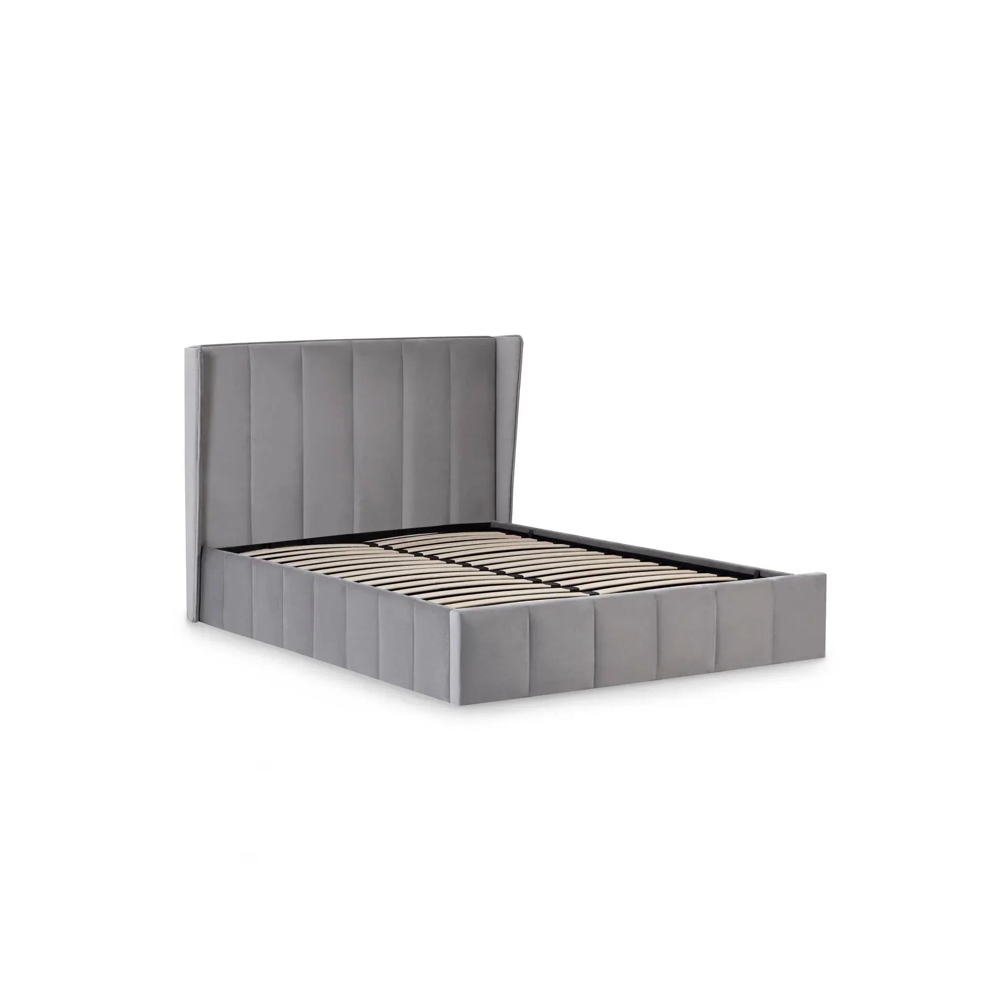 Grey upholstered bed frame with vertical panel headboard and wooden slatted base