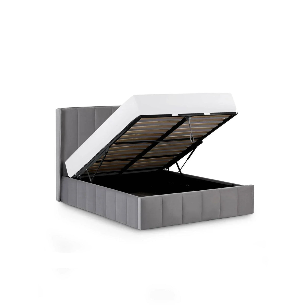 Grey upholstered ottoman storage bed with open lift-up slatted base and vertical headboard