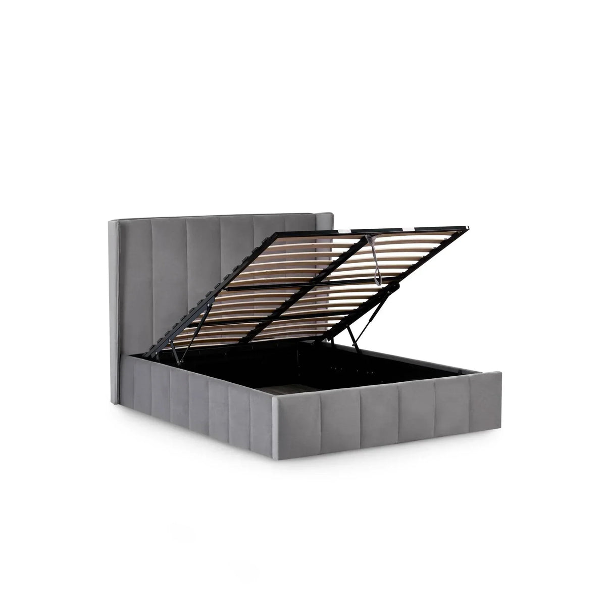 Grey upholstered ottoman storage bed with open lift up slatted base and padded headboard