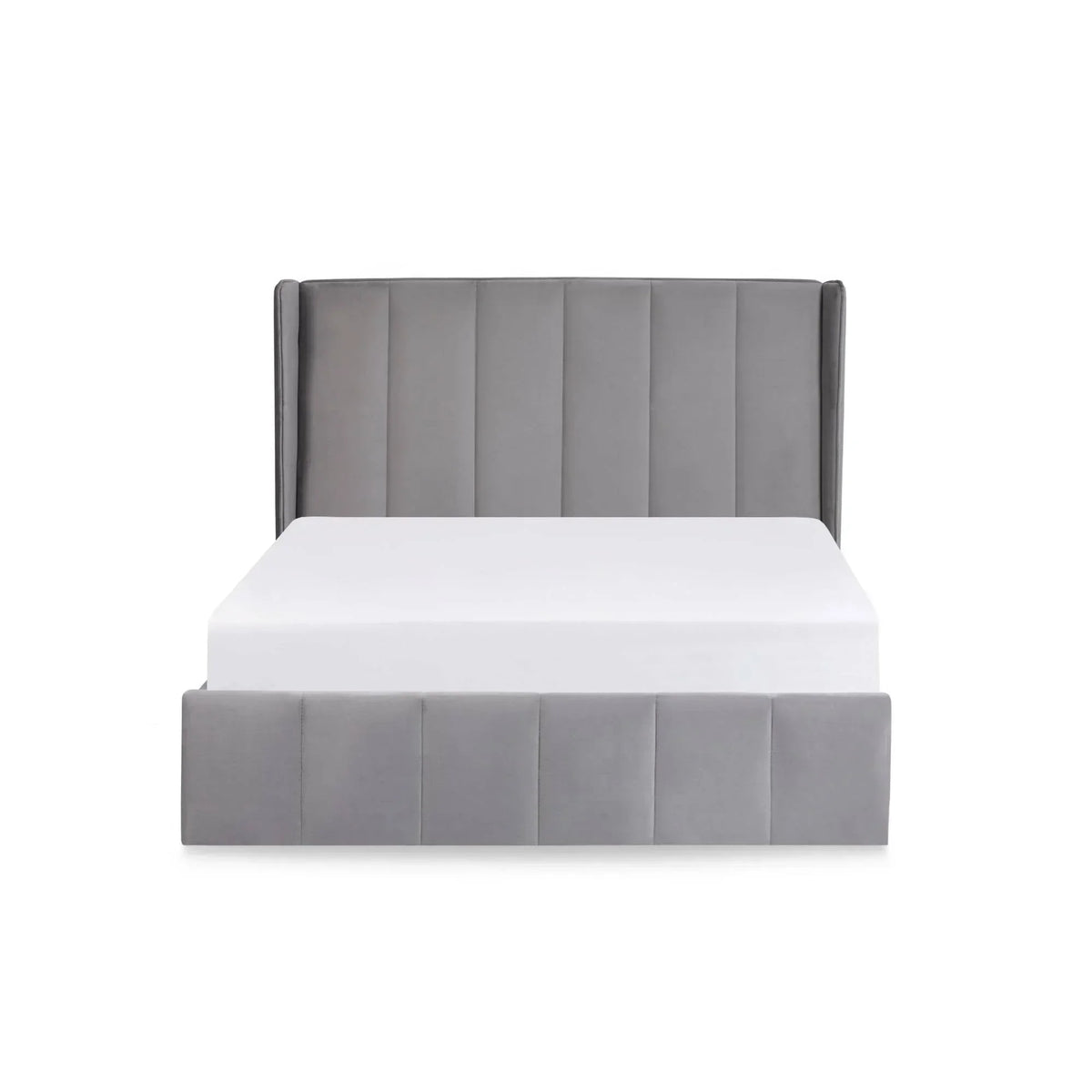 Grey upholstered bed frame with vertical panel headboard and low footboard, front view