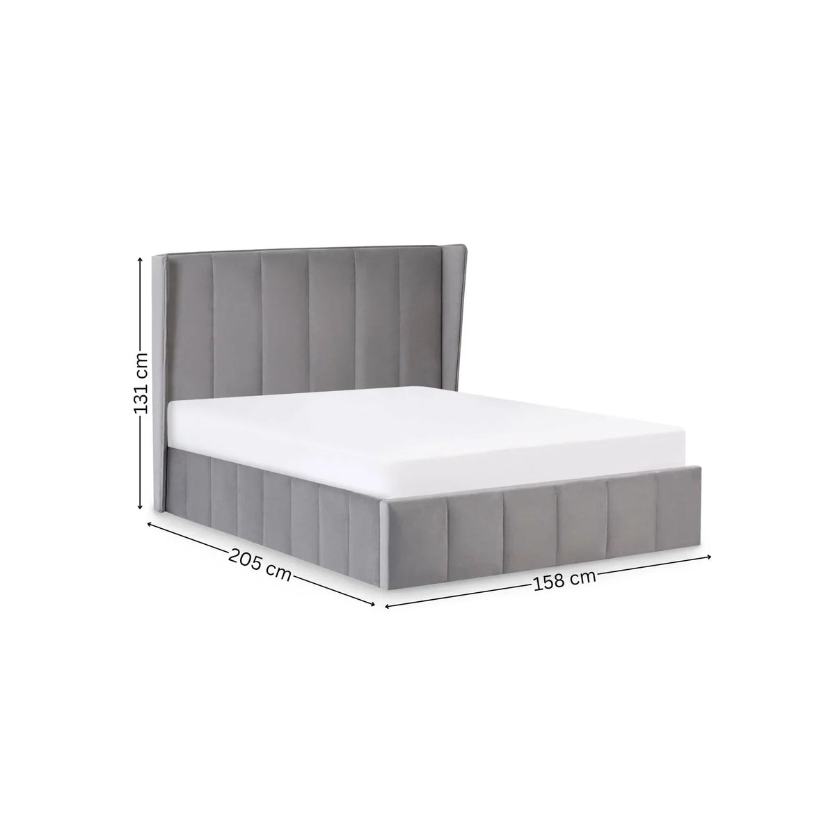 Grey upholstered bed frame with vertical panel headboard, mattress, and size dimensions shown
