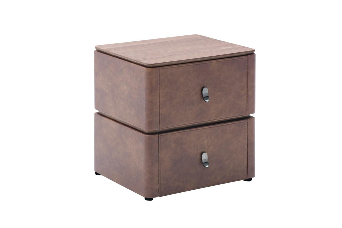 A two-drawer nightstand or end table made of brown faux leather or leather-look material, featuring a wood-grain top and small silver metal drawer pulls, shown on a plain white background.