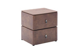 A two-drawer nightstand or end table made of brown faux leather or leather-look material, featuring a wood-grain top and small silver metal drawer pulls, shown on a plain white background.