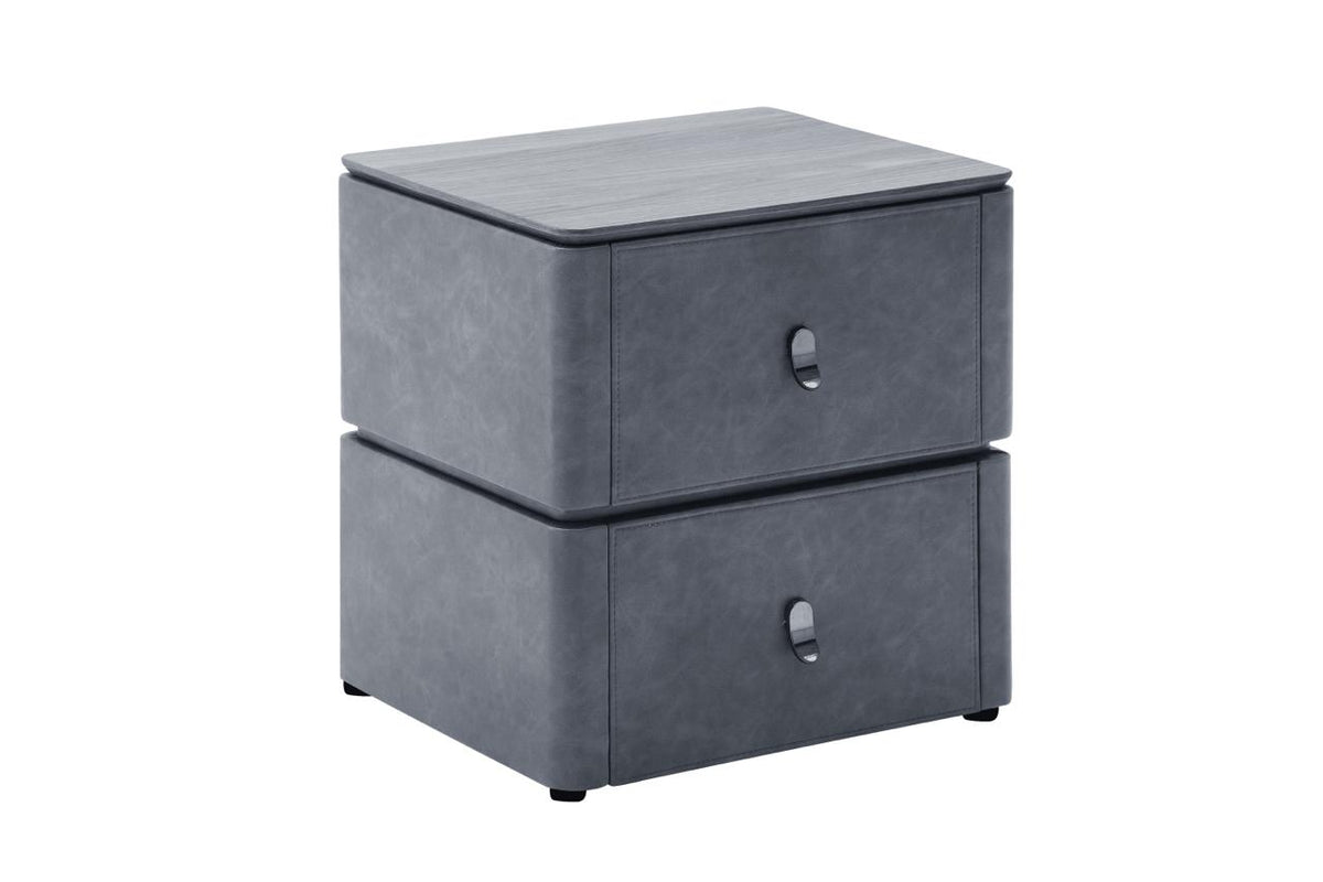 A two-drawer nightstand with a dark gray faux leather texture and a light gray wood-grain top, shown on a plain white background.