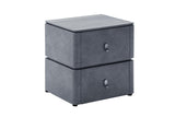 A two-drawer nightstand with a dark gray faux leather texture and a light gray wood-grain top, shown on a plain white background.