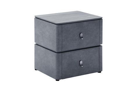 A two-drawer nightstand with a dark gray faux leather texture and a light gray wood-grain top, shown on a plain white background.