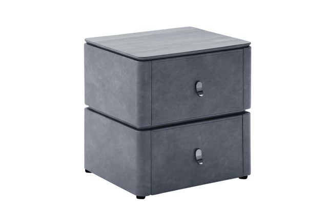 A two-drawer nightstand with a dark gray faux leather texture and a light gray wood-grain top, shown on a plain white background.