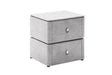 A two-drawer nightstand with a light gray faux-leather upholstered body and a white wood-grain top, shown on a plain white background.