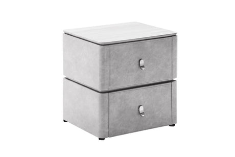 A two-drawer nightstand with a light gray faux-leather upholstered body and a white wood-grain top, shown on a plain white background.