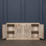 Carved wood sideboard with open doors, showcasing internal shelves and ornate front panels