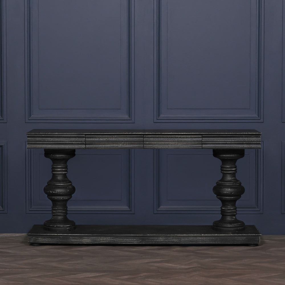 180cm Black Distressed Console Table with Drawers