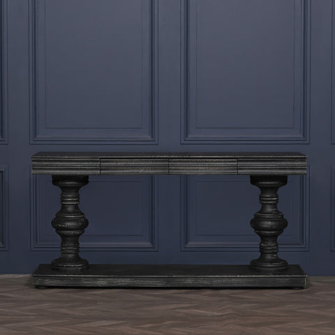180cm Black Distressed Console Table with Drawers