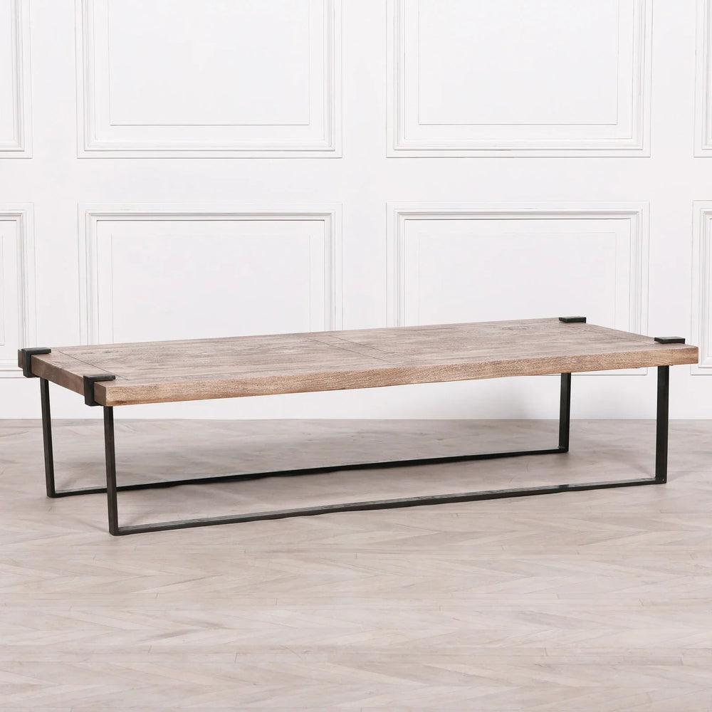 Industrial Wrought Iron Coffee Table with Rustic Wood Top