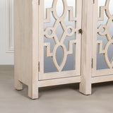 Light wood cabinet with mirrored door and geometric carved panel detail, front angle view