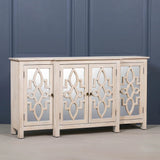 Beige wood sideboard with mirrored cabinet doors featuring geometric lattice design