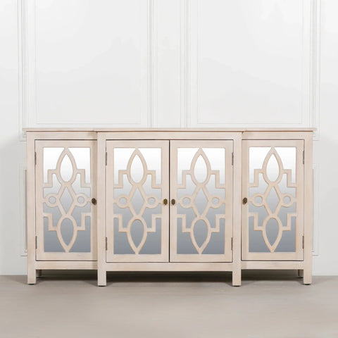 Cream wood sideboard with mirrored glass doors and geometric overlay pattern