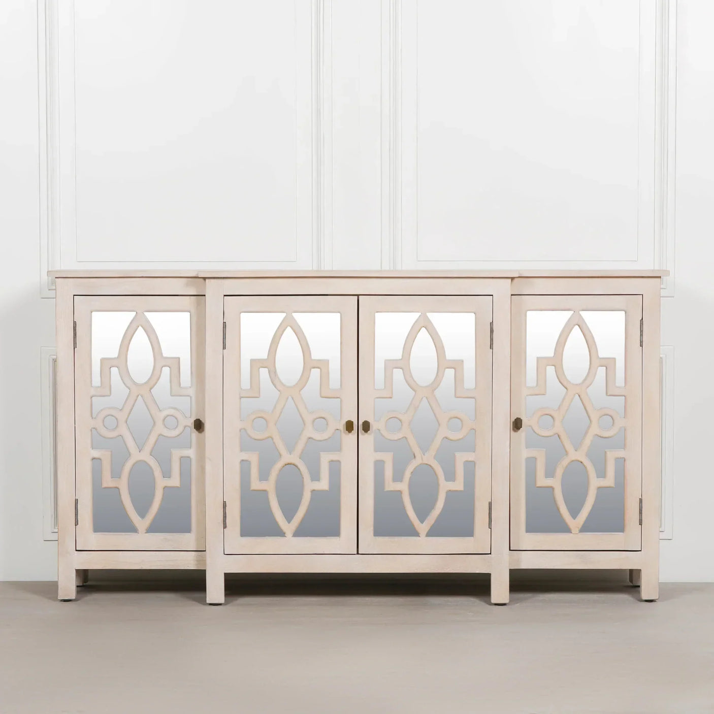 Cream wood sideboard with mirrored glass doors and geometric overlay pattern