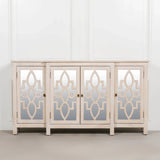 Cream wood sideboard with mirrored glass doors and geometric overlay pattern