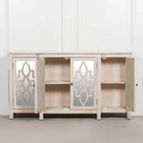 Light wood sideboard with mirrored geometric doors and open shelving