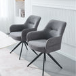 Two modern gray upholstered swivel armchairs with black metal star legs, shown in a bright, contemporary room setting.