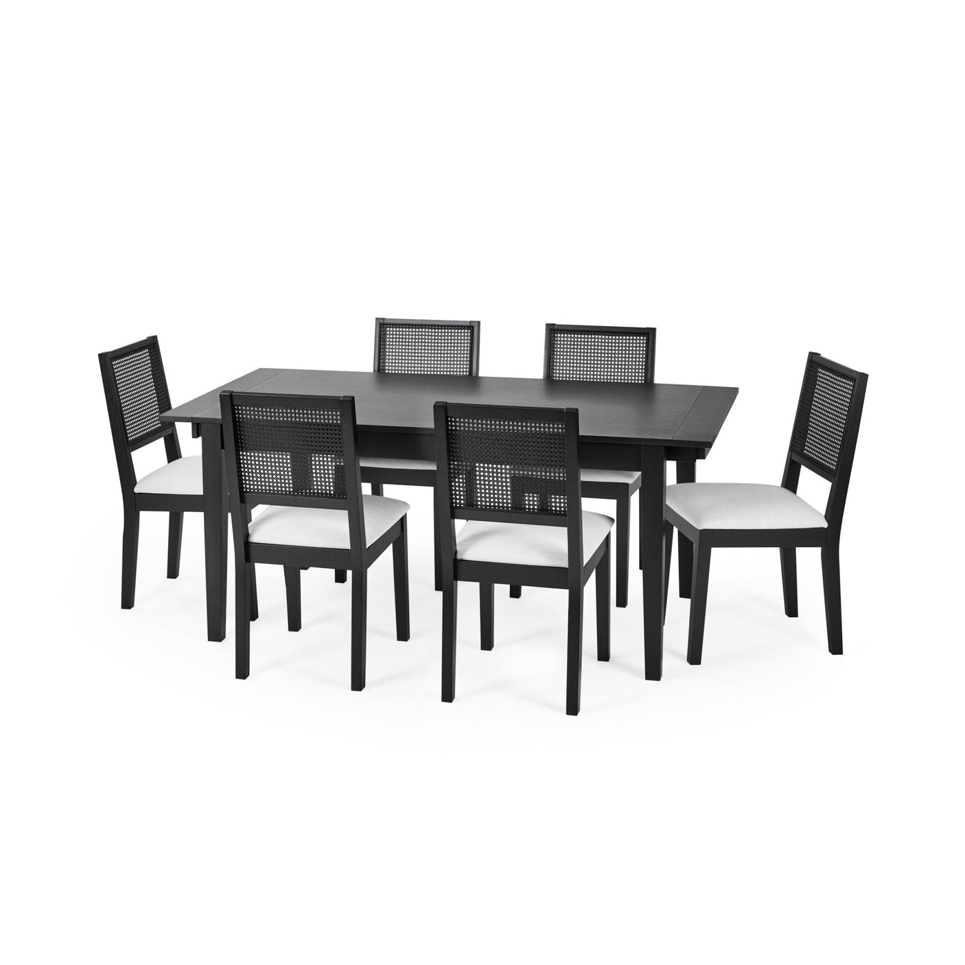 Black extending rectangular dining table with six black chairs with white upholstered seats and woven backrest