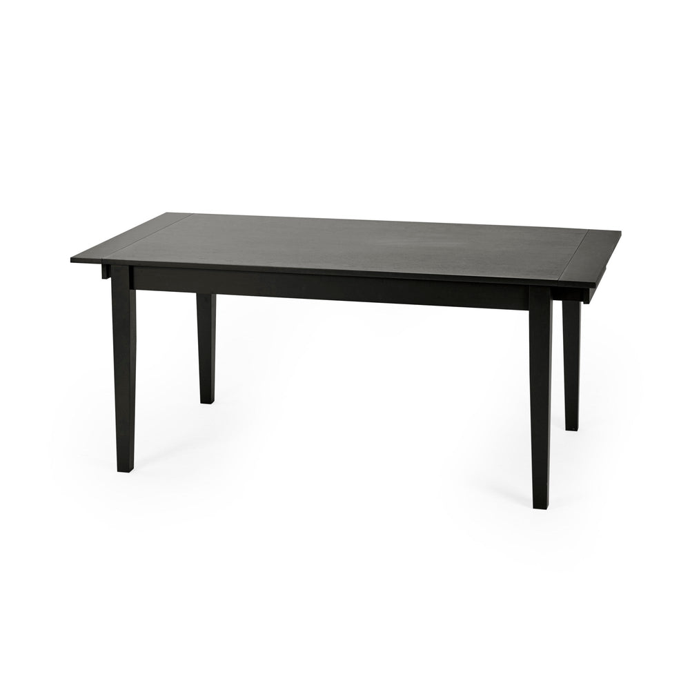 Black rectangular wooden dining table with tapered legs isolated on white background