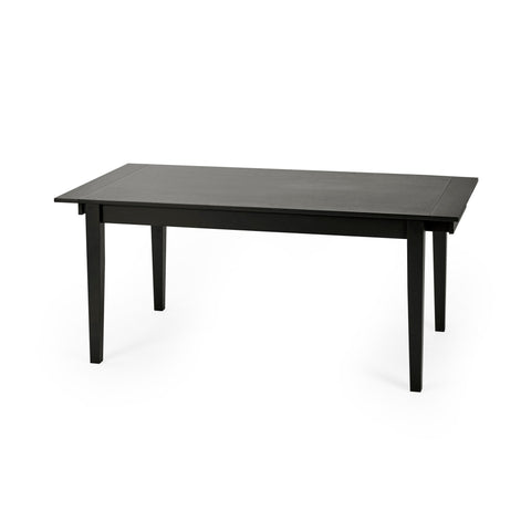 Black rectangular wooden dining table with tapered legs isolated on white background