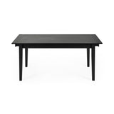 Front view of black wooden rectangular dining table with tapered legs against white background