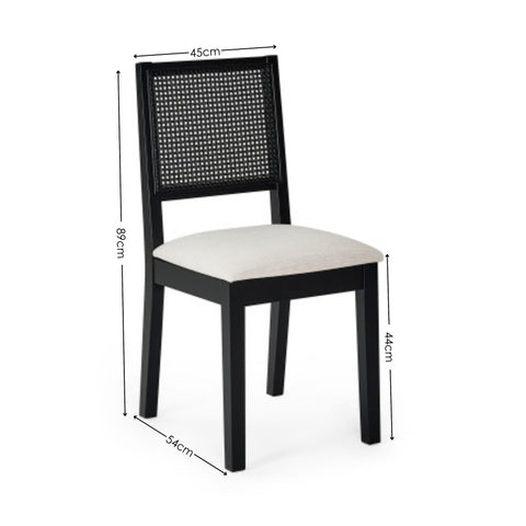 Beige upholstered dining chair with dark wood frame showing dimensions 45cm width, 89cm height, 54cm depth, 44cm seat height