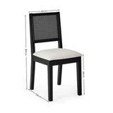 Beige upholstered dining chair with dark wood frame showing dimensions 45cm width, 89cm height, 54cm depth, 44cm seat height