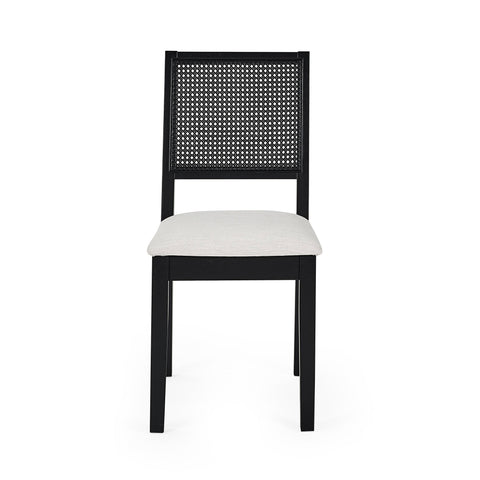 Black dining chair front view with woven cane backrest and light beige upholstered seat