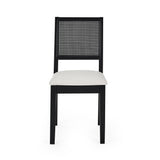 Black dining chair front view with woven cane backrest and light beige upholstered seat