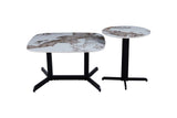 Marble top coffee table and lamp table set with black metal legs on white background