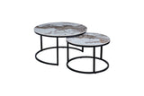 Round marble effect nest of tables with black metal frames on white background