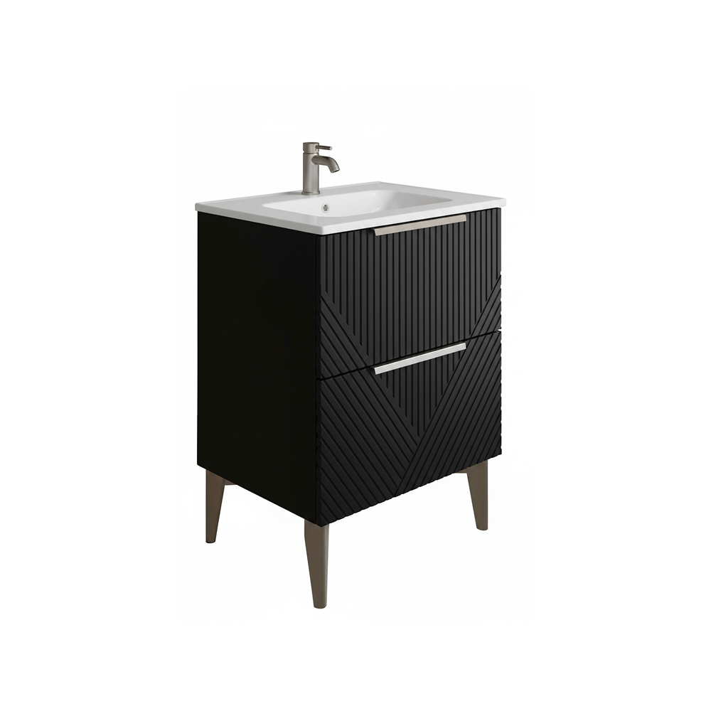 Bathroom vanity unit with white basin and black base cabinet on a white background