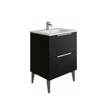 Bathroom vanity unit with white basin and black base cabinet on a white background