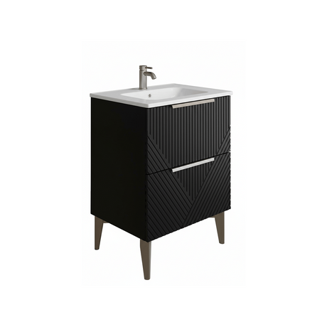 Bathroom vanity unit with white basin and black base cabinet on a white background