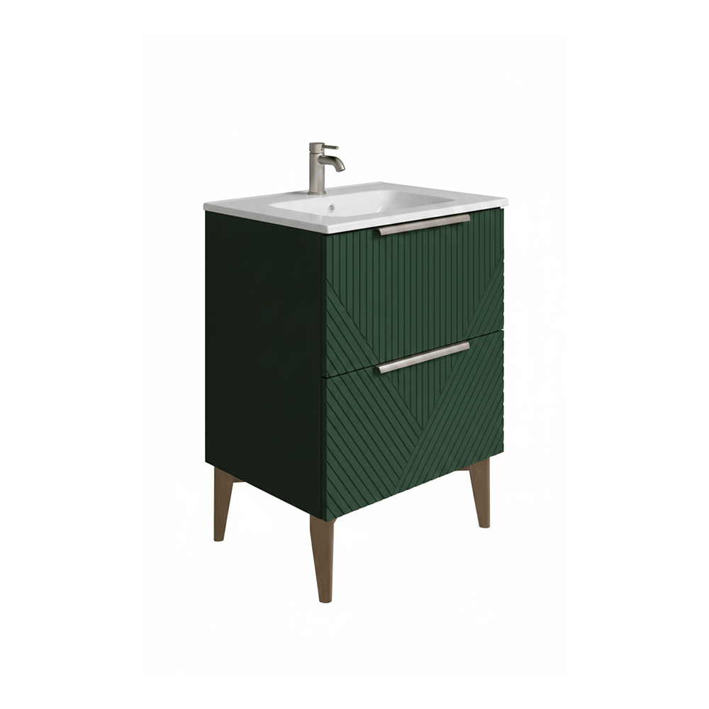 Green bathroom vanity with sink on a white background