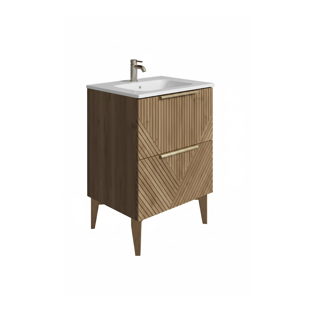 Wooden bathroom vanity with sink on a white background