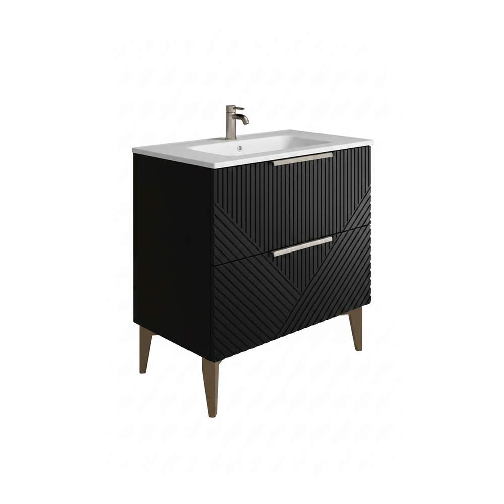 Black bathroom vanity with white sink on a white background