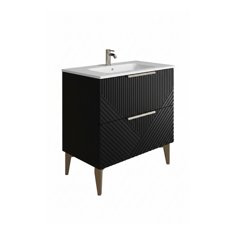 Black bathroom vanity with white sink on a white background