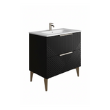 Black bathroom vanity with white sink on a white background