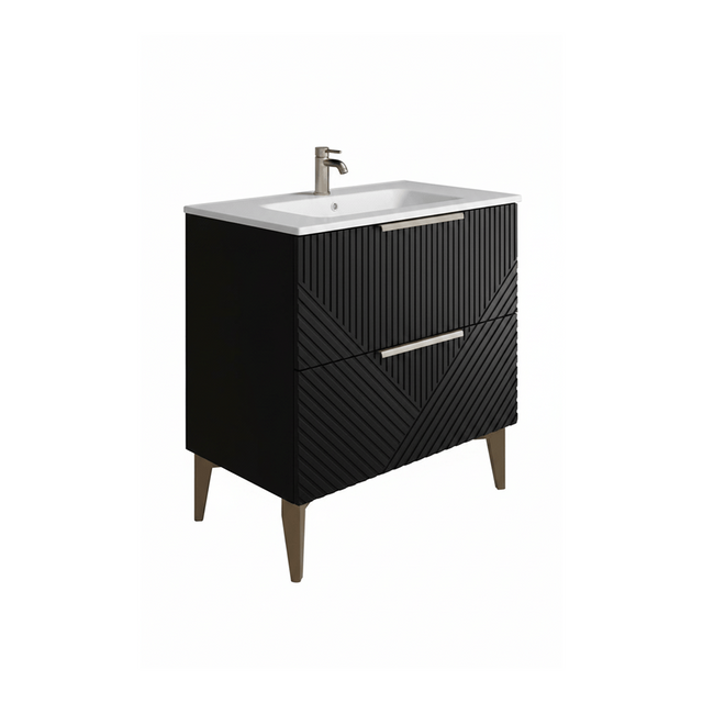 Black bathroom vanity with white sink on a white background