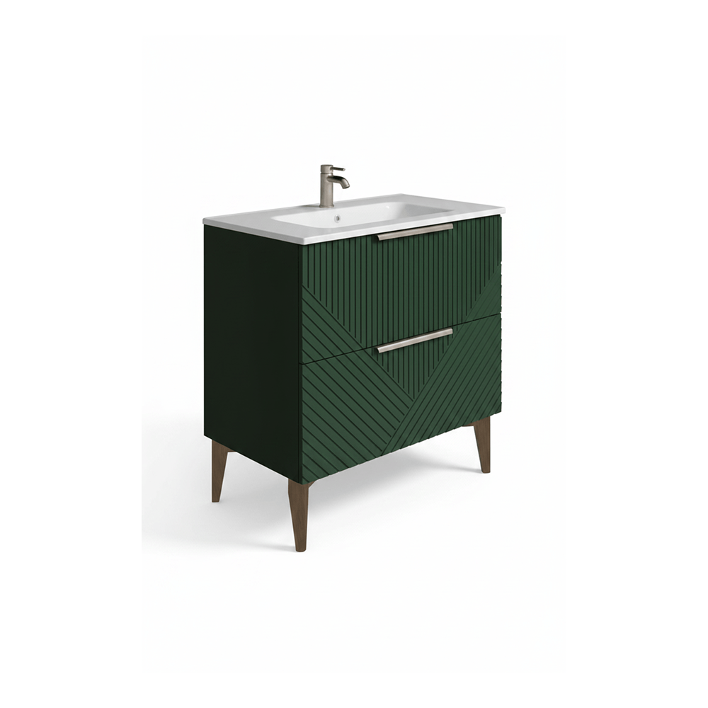 Green bathroom vanity with white sink on a white background