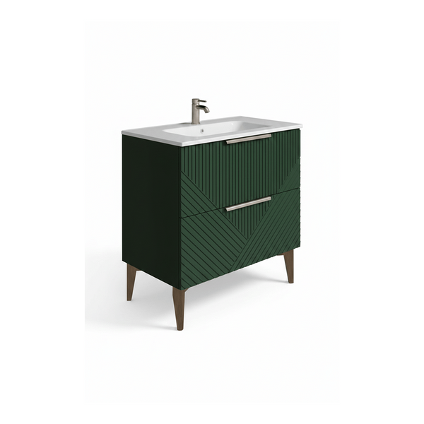 Green bathroom vanity with white sink on a white background