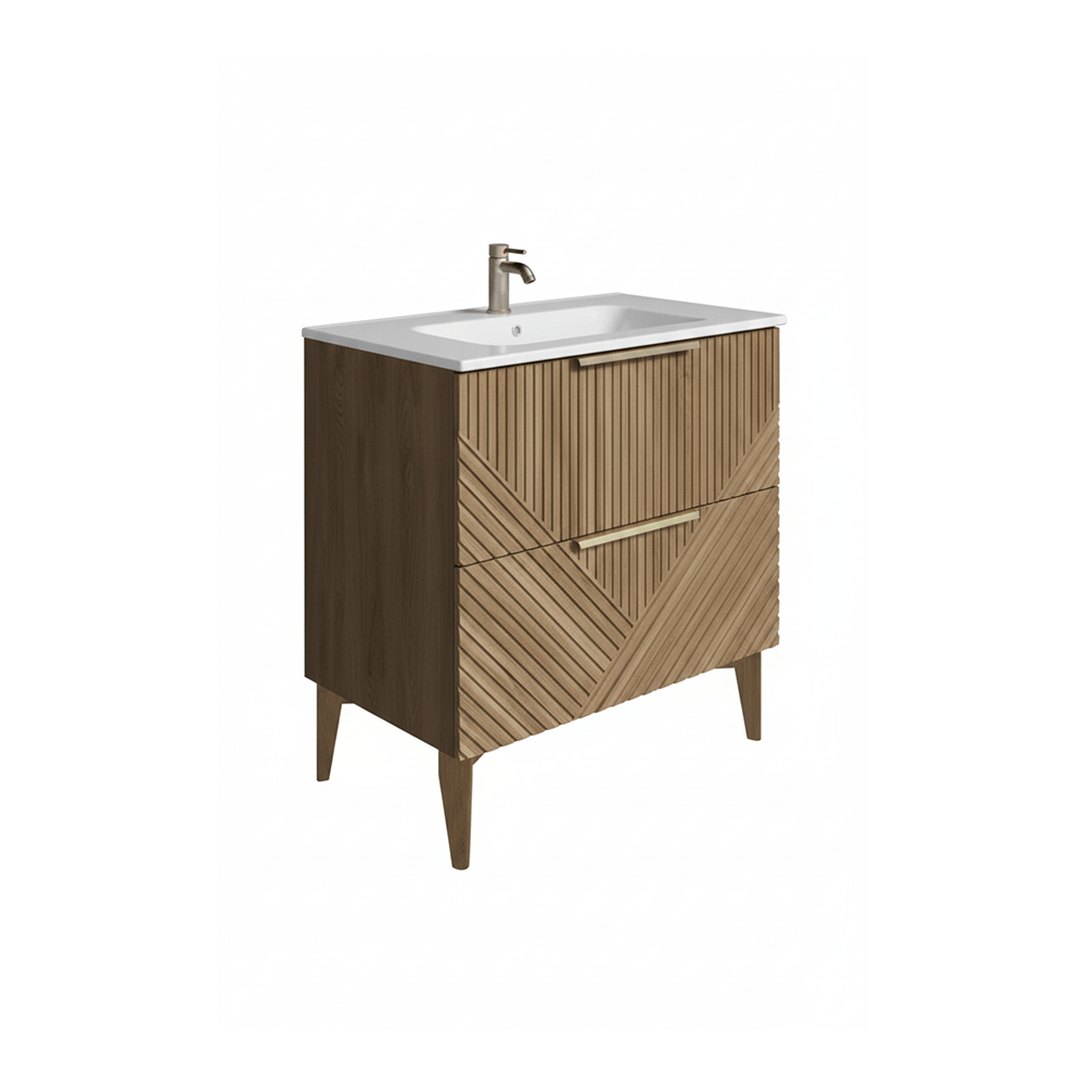 Bathroom vanity with wooden design and white countertop on a white background