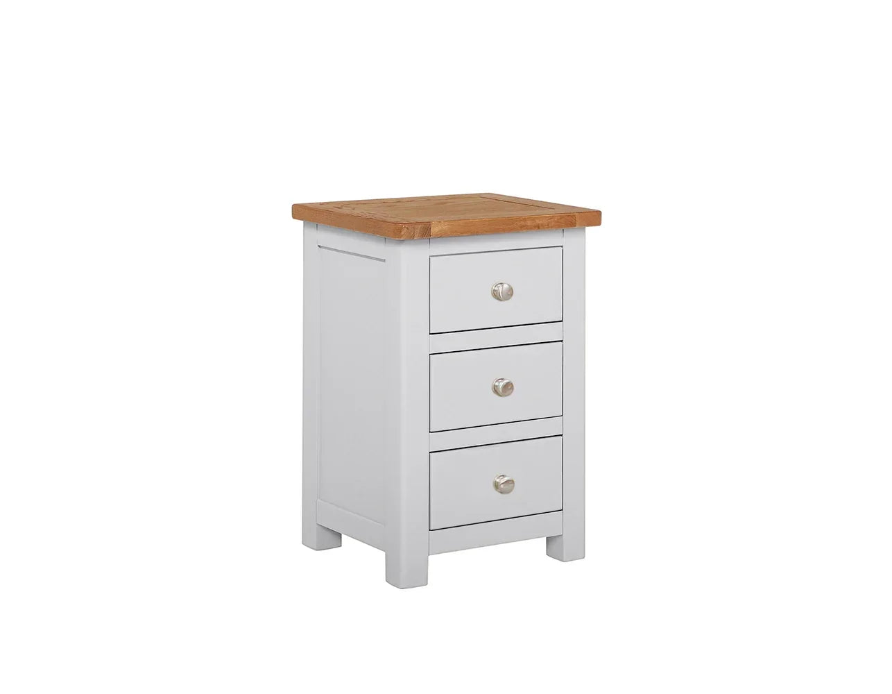 White bedside table with three drawers and oak top, metal handles, angled front view
