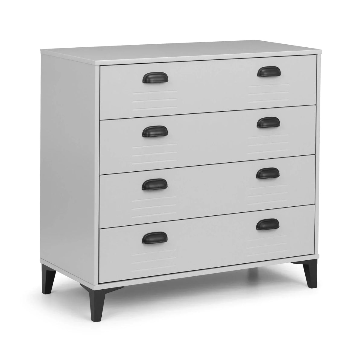 White 4 drawer chest with black cup handles and tapered legs, angled front view